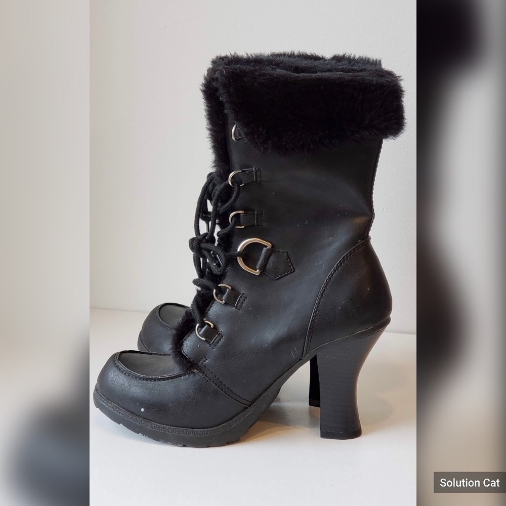 Black Lace Up High Heel Boots with Faux Fur Trim